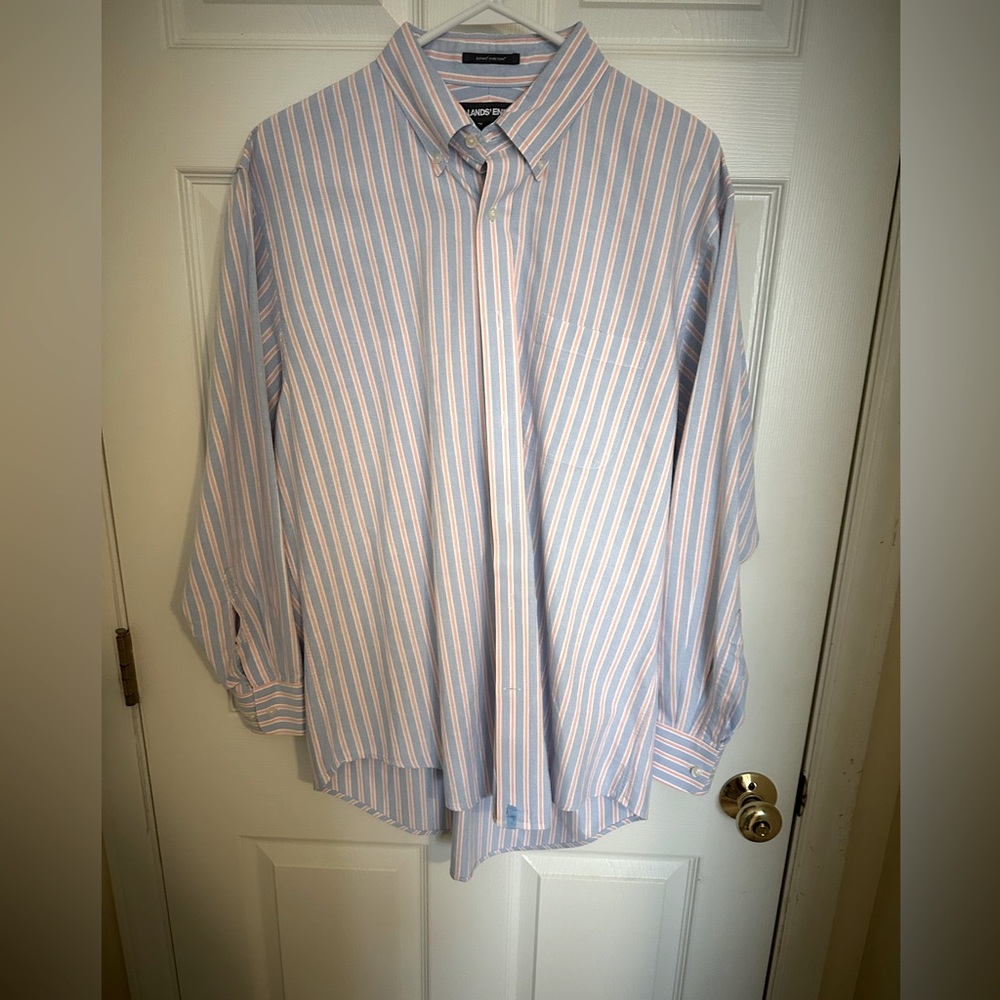 Land’s End Men's Blue and Pink Striped Shirt